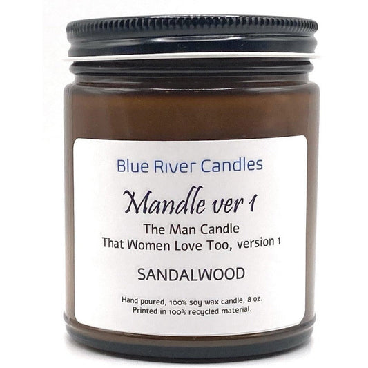 Blue River Candles Mandle ver 1. Candle scent: Sandalwood. Hand poured 100% soy wax candle, no dye, no toxin. Amber jar with classical black lid. Single cotton wick. Burn rate 40-50 hours. See Instructions label at the bottom.